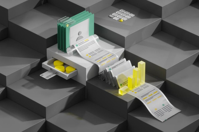 An illustration of an automated financial processing system with digital files, coins, and data charts on a structured background.