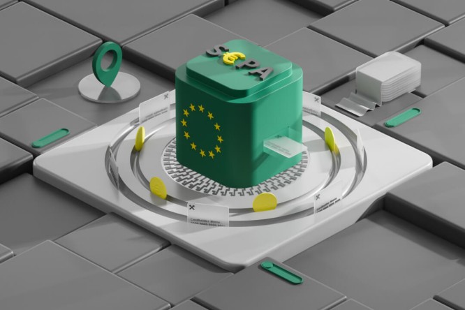 A 3D representation of the SEPA payment system, highlighting the European Union and transaction elements.