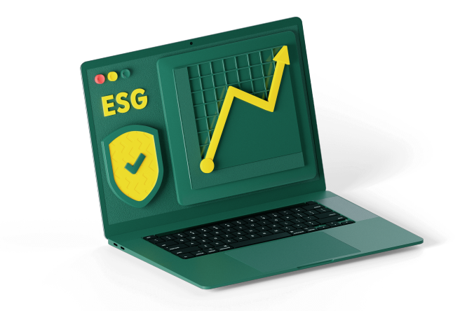 3D illustration of a laptop displaying an ESG investment graph and a security shield icon, symbolizing sustainable and secure financial investments.