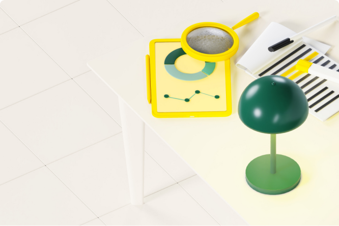 Minimalistic office desk with yellow clipboard, green globe, and white striped notepads, on a white tiled floor