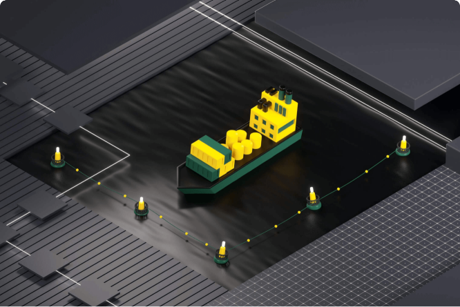 Miniature cargo ship navigating through marked shipping lane