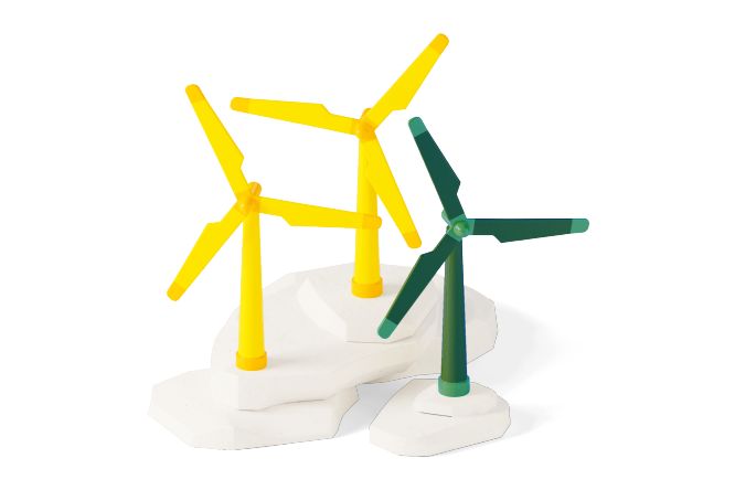 An illustration of three windmills, one is green and two are yellow
