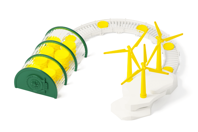 An illustration of windmills creating money flowing into a deposit