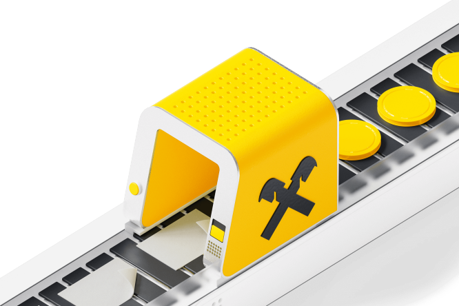 A 3D model of a conveyor belt featuring the Raiffeisen logo, transporting yellow coins, symbolizing financial operations and efficiency.