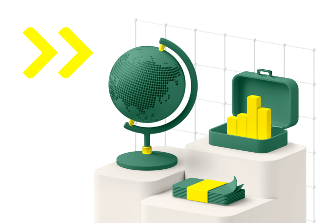 Illustration of a green globe, bar graphs, and cash representing global financial growth and market analysis.