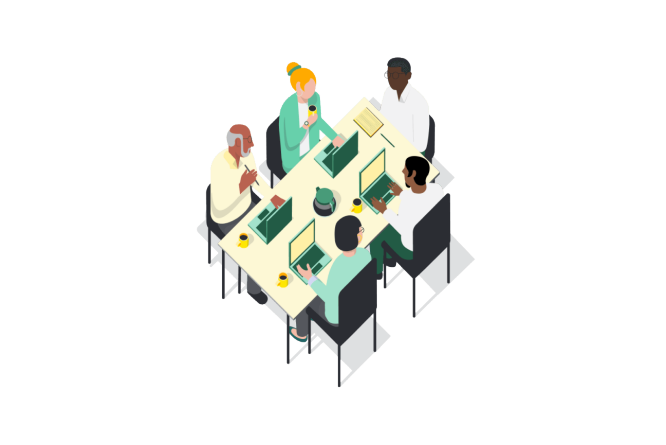 Illustration of diverse team members collaborating around a table, discussing business strategy and working on laptops.